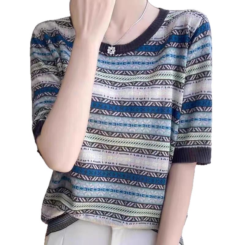 Design retro knitted summer thin short sleeve T-shirt with a round…