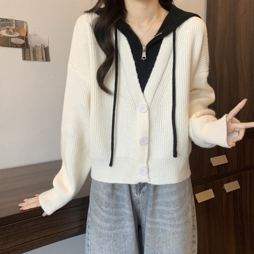 Fake two-piece short knitted cardigan for women in autumn and winter loose lazy style hooded sweater jacket design right shoulder top