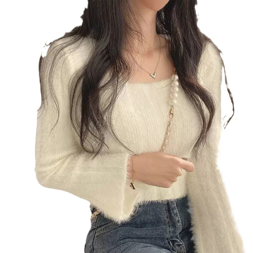 Soft and chewy square-neck mink-feel sweater for women—Korean-style, subtly alluring short knit top with a chic, figure-flattering design, perfect as an inner layer for fall and winter.