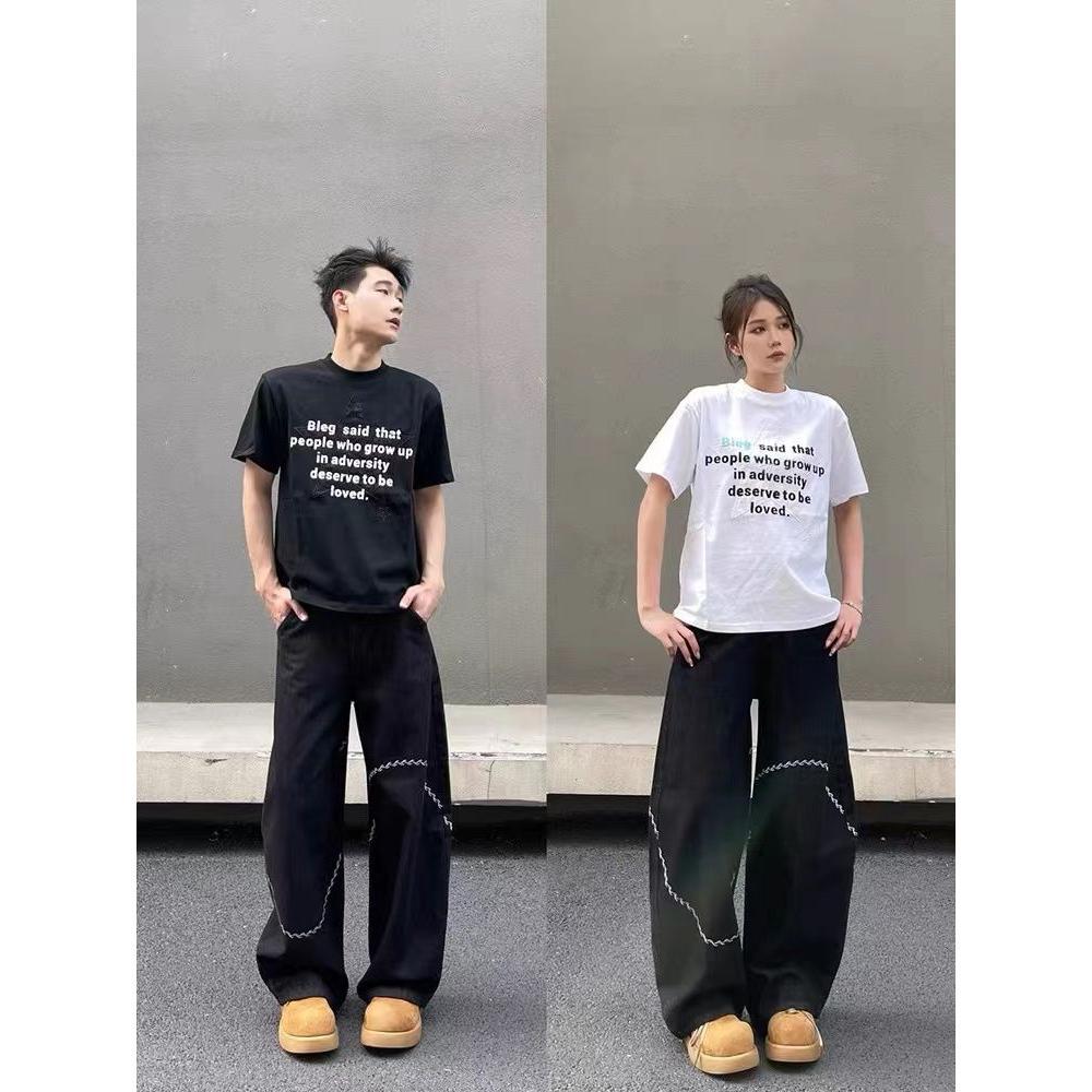 Jeans machete negro para hombres 2025 nuevo diseño bordado sensación de piernas largas sueltas pantalones casuales de moda