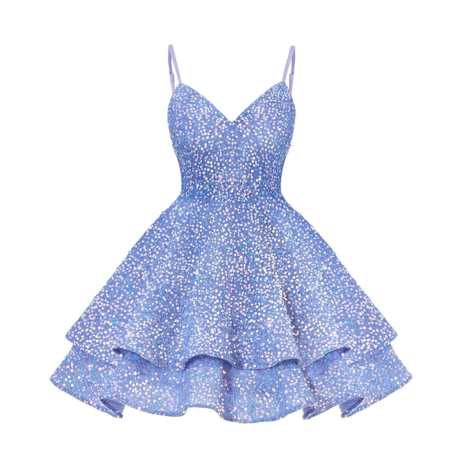 速卖通跨境晚礼服蓝色亮片吊带短款连衣裙气质收腰显瘦绑带款礼服
