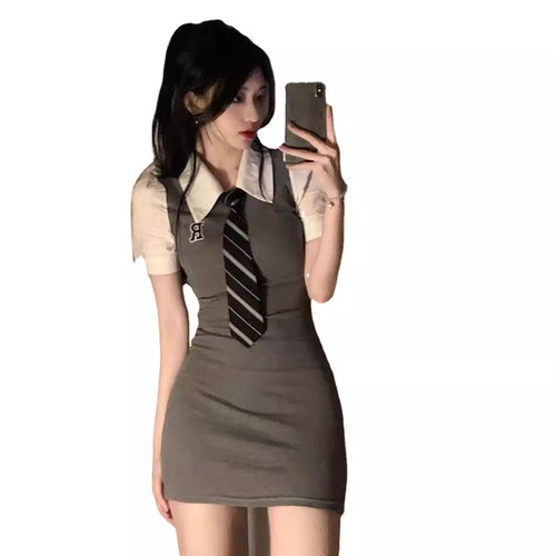 JK-style alluring polo-collar tie-front faux two-piece short-sleeve waist-defined, figure-flattering, body-hugging A-line dress for women—perfect for summer.
