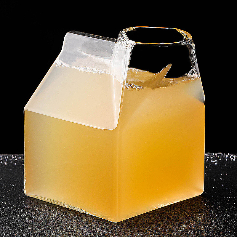Taza de desayuno casera creativa, taza de caja de leche de vidrio resistente al calor, taza de bebida de jugo de tendencia transparente, puede entrar en el microondas