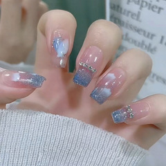 Removable medium-long nail art with sparkling diamonds, gradient blue clouds and hearts, popular wholesale nail style