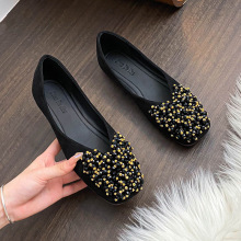 2025新款水钻单鞋女春季软底仙女风内增高方头平底瓢鞋大码41—43