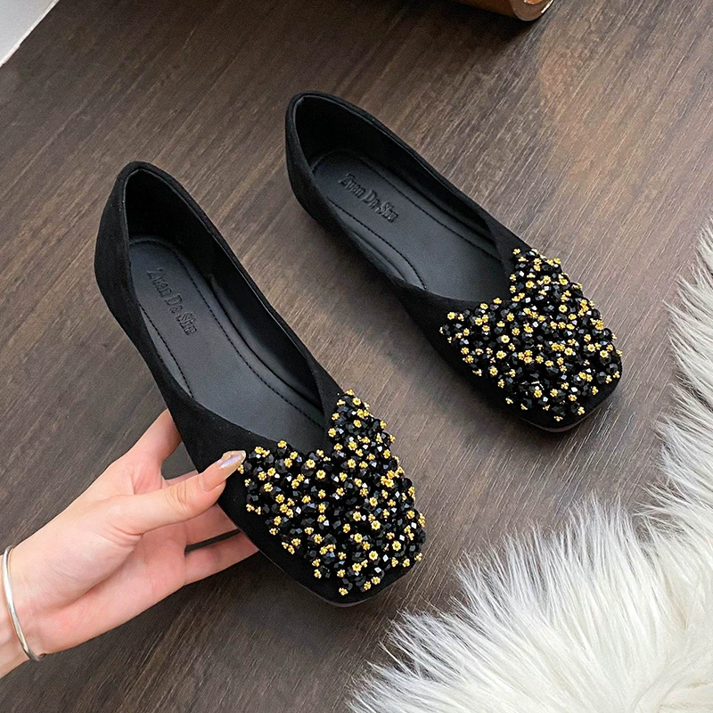 2025 новых женских балеток с блестками, весенние мягкие лоферы в стиле феи с квадратным носком и эффектом увеличения роста, большие размеры 41-43.