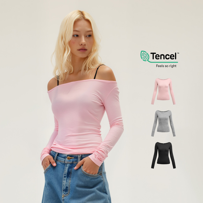 Jie Zhan Women's Clothing | Tencel Wool Boat Neck Top 26 Spring New American Style Waist-Cinching Slimming Base Shirt Long-Sleeve T-Shirt