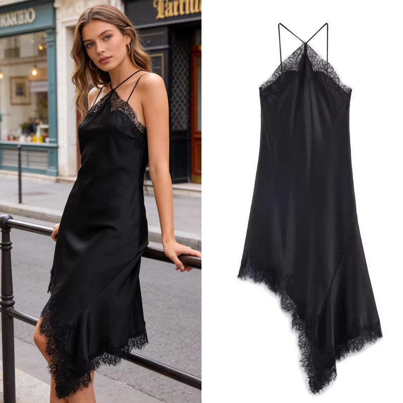 Z Brand Foreign Trade Cross-Border Ready Stock European and American Style Women's Clothing 2026 Spring New Lace Embellished Silk Satin Texture Dress