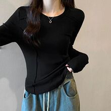 杏色纯新品高新品螺纹长袖恤女士修身春秋外穿冬季内搭打底上衣新