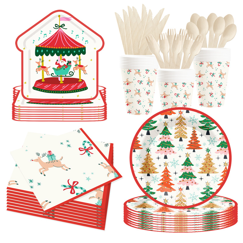 Cross-Border Christmas Tree 9inch Shaped Paper Plates Christmas Party Decoration Supplies Disposable Tableware Set Wholesale