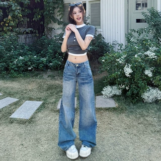 2025新款设计感微喇牛仔裤女秋季胖mm低腰宽松显瘦窄版阔腿长裤子