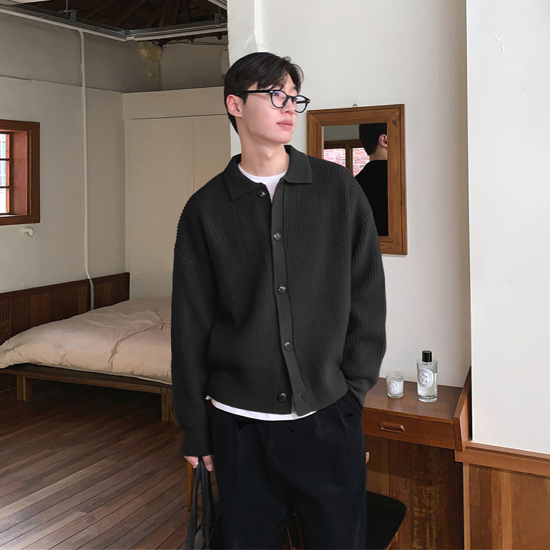 藏青色针织开衫男单排纽扣翻领卫衣外套美式cleanfit羊毛夹克衫潮|undefined