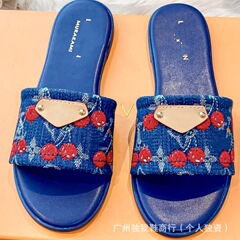 跨境路易牛仔布刺绣樱桃拖鞋女2025夏新款外穿平底一字大码凉拖鞋