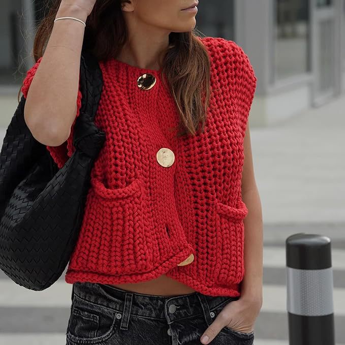 Women's Crochet Thick Knitted Top Sleeveless Button Short Top Fashion Cardigan Sweater Vest Women's Belt