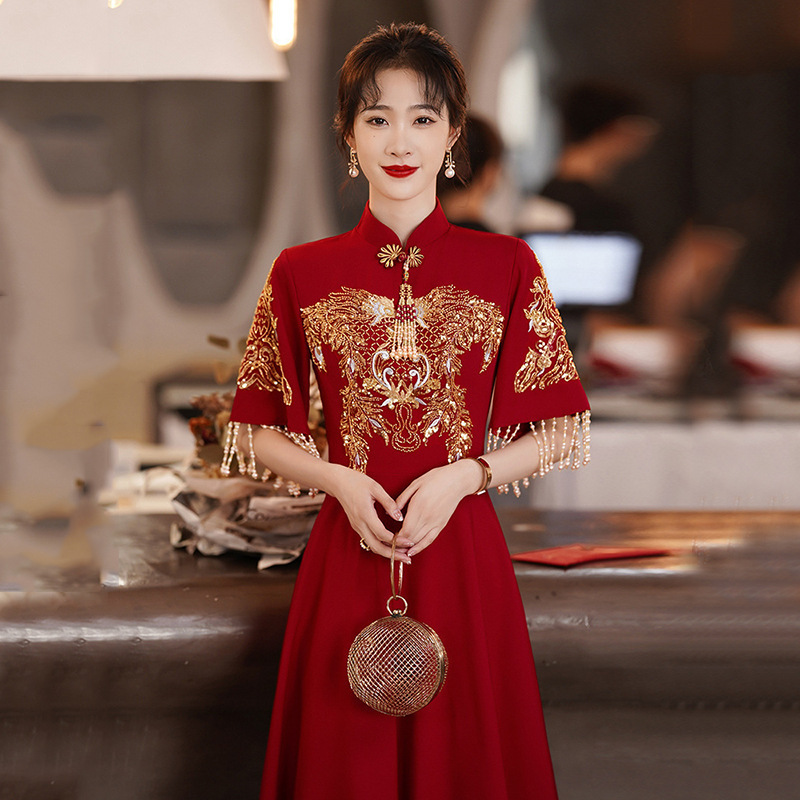 Qipao Toast Dress for Bride 2026 New Style Burgundy Homecoming Chinese Xiuhe Dress Wedding Dress for Petite Women Qipao Toast Dress for Bride 2026 New Style Burgundy Homecoming Chinese Xiuhe Dress Wedding Dress for Petite Women
