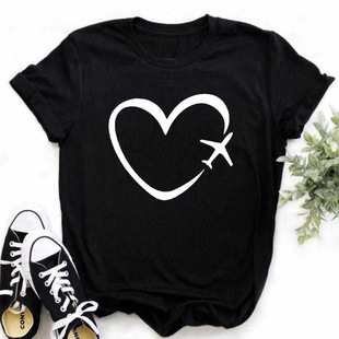 Travel Plane Heart Love Print Women Tshirt Fashion Casual Fu