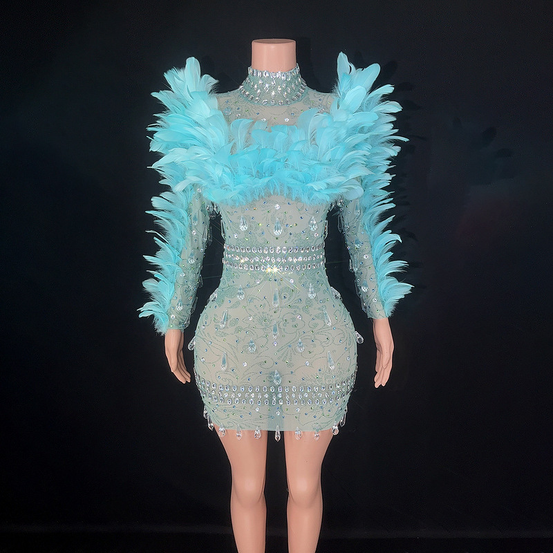 NOVANCE Short Mini Diamond Dress Club Sexy Shiny Crystal Feather Evening Dress Club