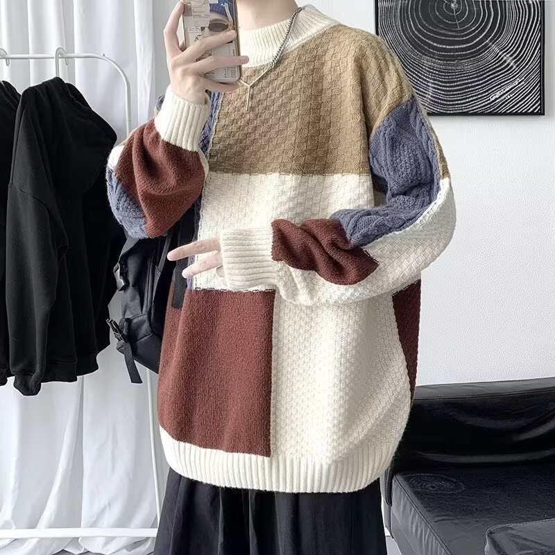 Knitted Sweater Crewneck Sweater Men's Lazy Style Autumn and Winter New Teenager Fashion Brand Loose Inner Base Knitted Sweater Crewneck Sweater Men's Lazy Style Autumn and Winter New Teenager Fashion Brand Loose Inner Base