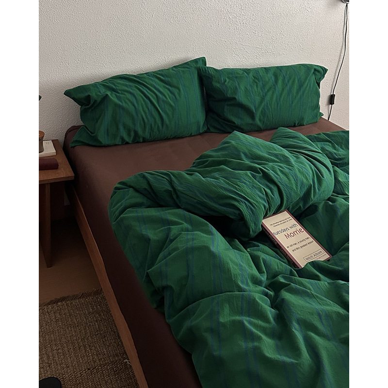 Vintage-style Retro Striped Cotton Bedding Set Blue And Green_voghion.com
