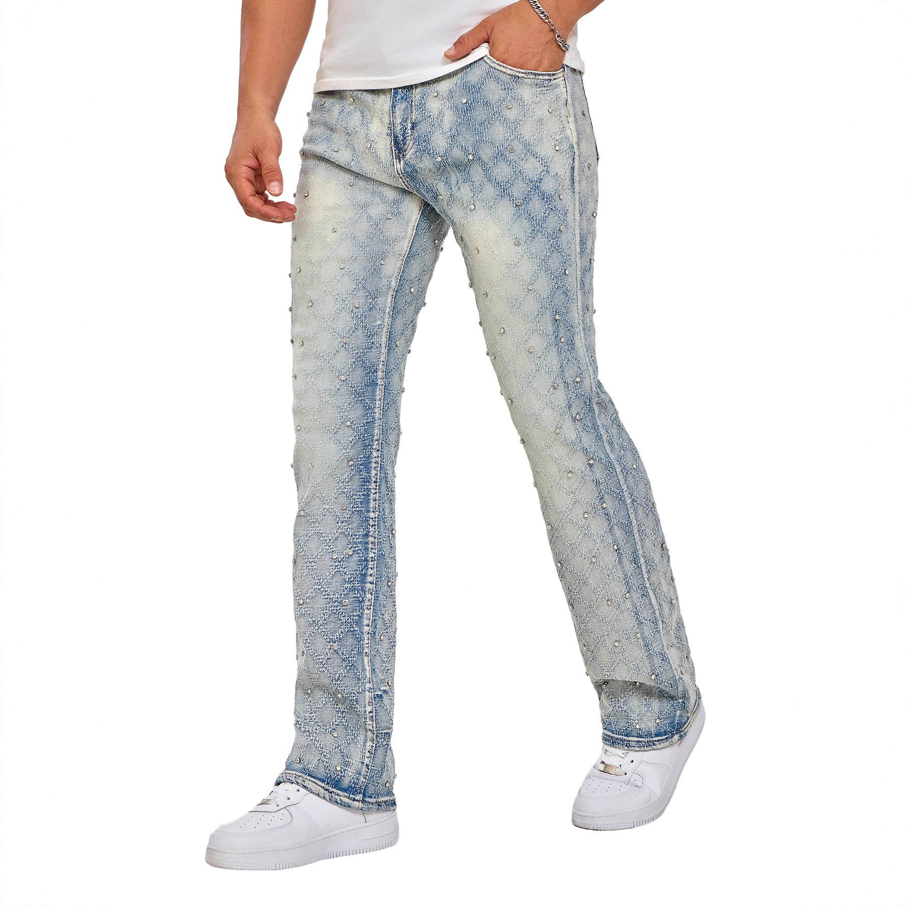 Jeans Rectos para Hombre de Mezclilla de Algodón Elásticos con Cuentas para Uso Diario