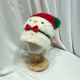 可爱圣诞老人雪人毛绒套头帽女秋冬季保暖红色过节礼帽拍照针织帽
