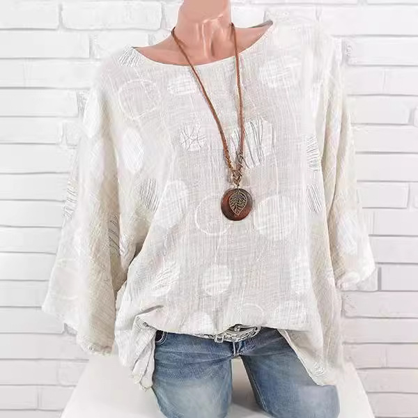 268664亚马逊热卖爆款现货女装欧美外贸波点衬衫棉麻长袖上衣大码