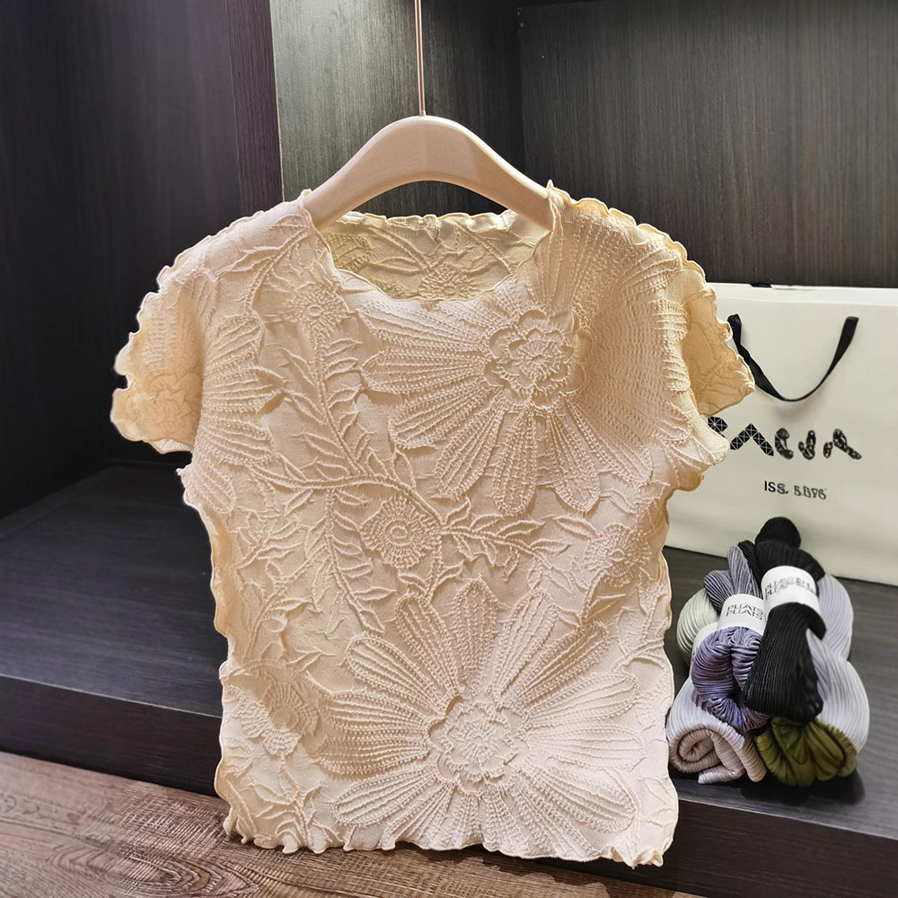 Women's Clothing Women's Classic Style Short Sleeve T-Shirt Heavy Embroidered Ruffled Round Neck Loose Top Solid Color Batwing Sleeve_ecoleips.com