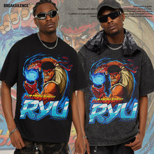 2025跨境街头霸王夏季水洗做旧重磅短袖男直喷印花高街男纯棉t恤