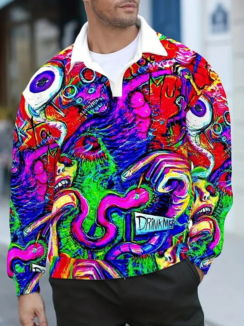 Sudadera de otoño e invierno para hombre, primavera y otoño, versión europea, nuevo top suelto de cuello medio abierto, estampado de tendencia colorida MB14