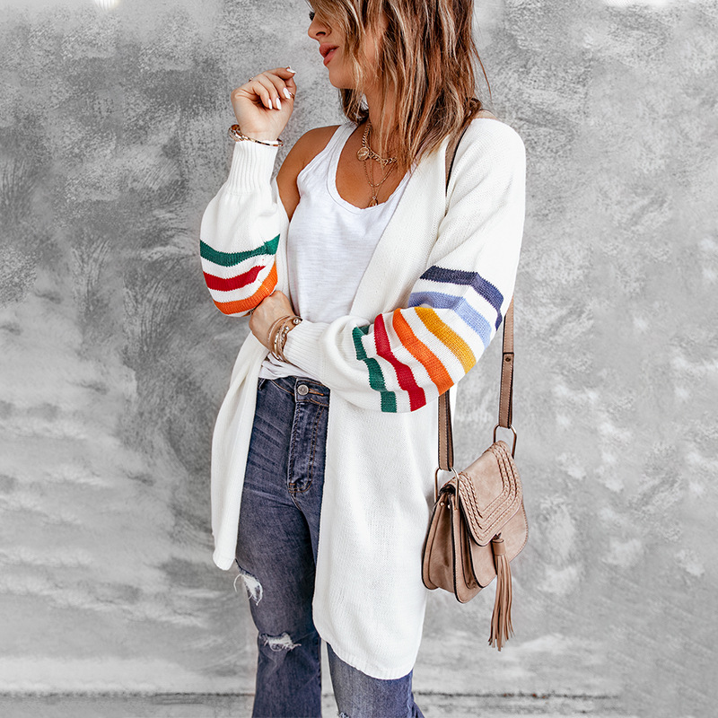 时颖欧美针织衫女2022撞色灯笼袖开衫毛衣跨境新款长款秋冬外套女