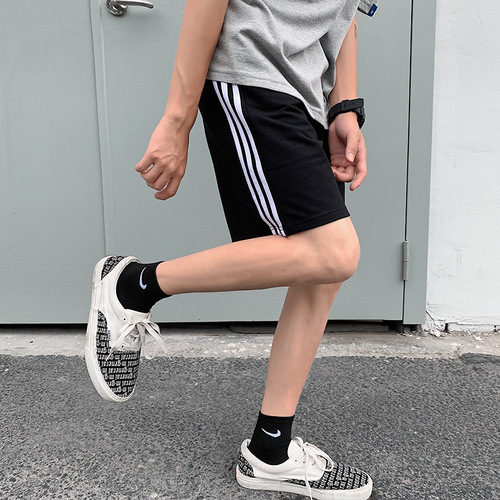 夏季港风运动短裤男学生宽松休闲运动五分裤情侣条纹直筒睡裤跨境