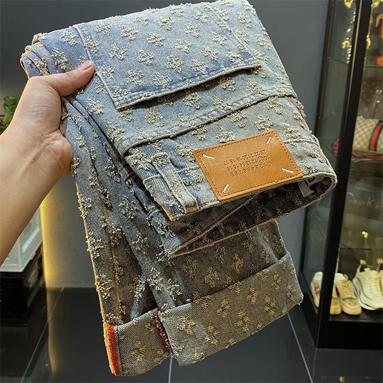 Men's Jacquard Jeans High Street Vibe Loose Straight Casual Trousers Autumn Trend All Match_mkmklike.com