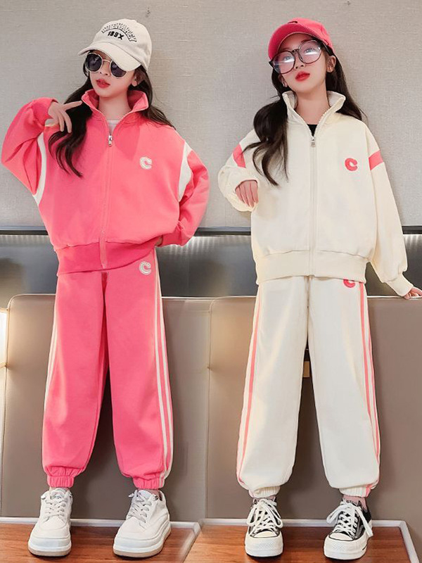 女の子のゆったりとしたカジュアルなスタンドアップカラースウェットシャツスーツ、大きな子供用刺繍ジッパーカーディガンレギンススウェットパンツ女の子2点セット|undefined