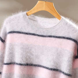 条纹撞色山羊绒衫女圆领针织毛衣拉绒拉毛纯宽松拼色套头图片色
