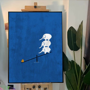 Pure Hand-painted Oil Painting Klein Blue Living Room Dining Room Decorative Painting Abstract Elephant Cartoon Children's Bedroom Hanging Painting