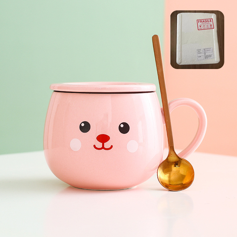 Taza de cerámica para parejas con tapa y cuchara, taza de café creativa de dibujos animados, taza de leche, taza personalizada creativa, linda y divertida