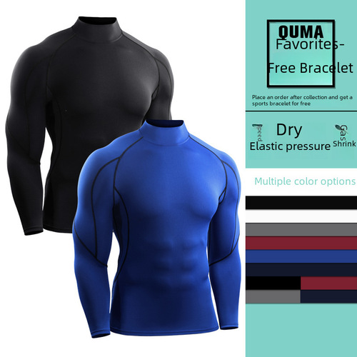 Autumn and Winter Men's High-Neck Tight Fit Long-Sleeve Elastic Quick-Dry Compression Basketball Fitness Top Running Training Base Layer Shirt