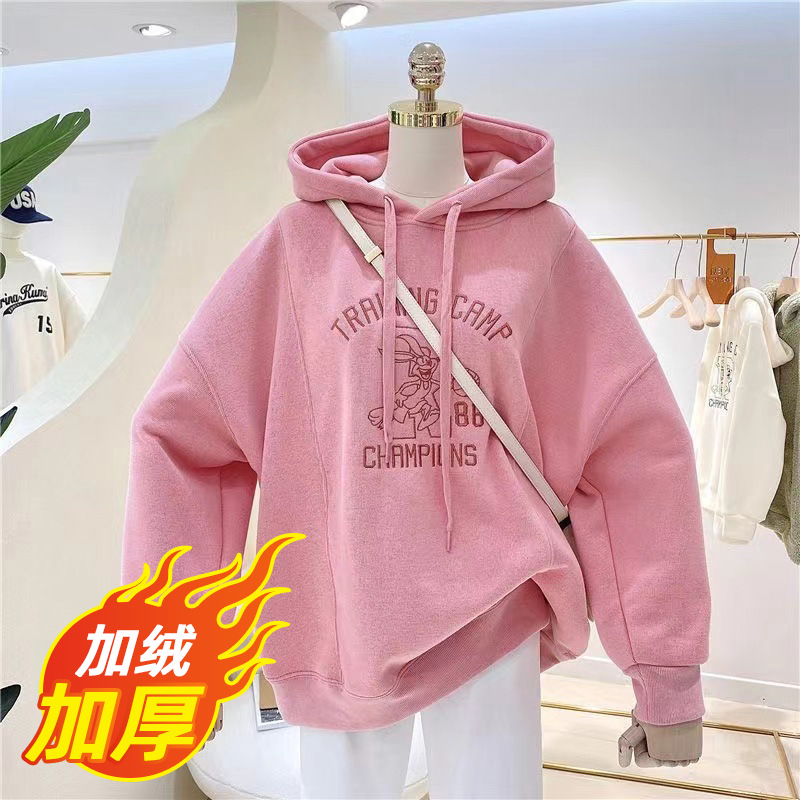 Girls winter 480g thick fleece hoodie 2022 Korean version children's clothes embroidered top solid color winter hoodie
