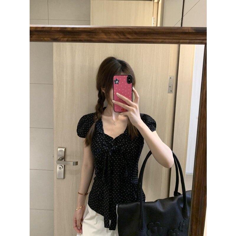 法式复古波点蝴蝶结短袖衬衫女夏季设计感小众修身显瘦泡泡袖上衣|undefined
