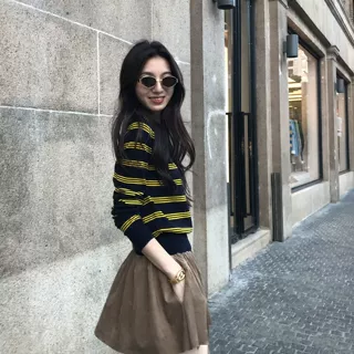 miu系美式撞色条纹polo领针织衫T恤女春秋款长袖宽松复古通勤上衣