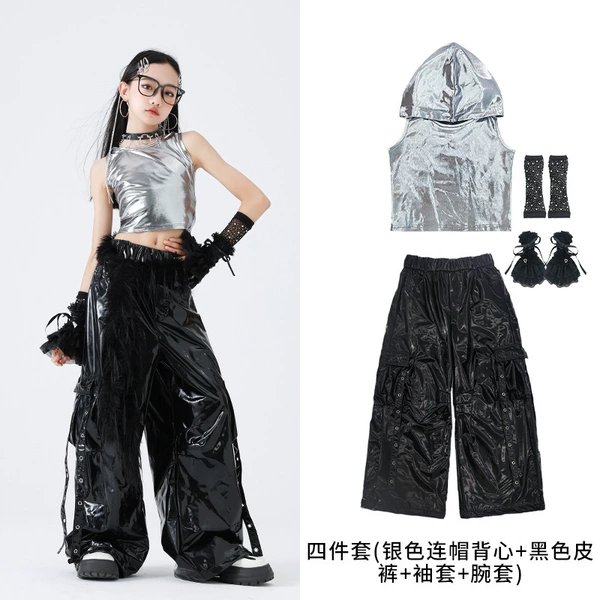 Silver set, black vest with hood, trousers, sleeves, 4 pieces