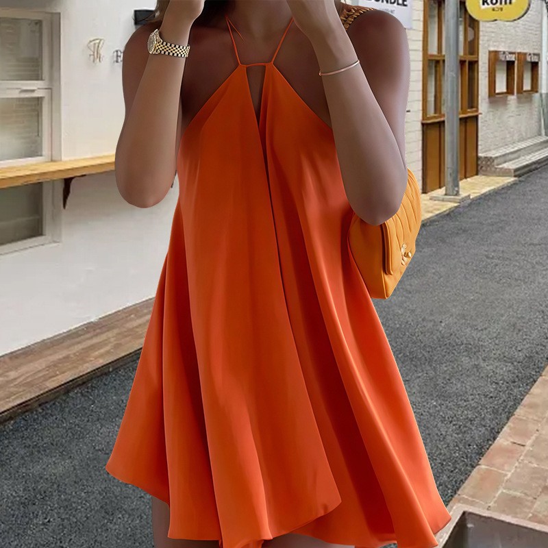 Women's Sexy Deep V Neck Backless Halter Neck Loose A-Line Dress European American Style 2025 Cross Strap Dress_ecoleips.com