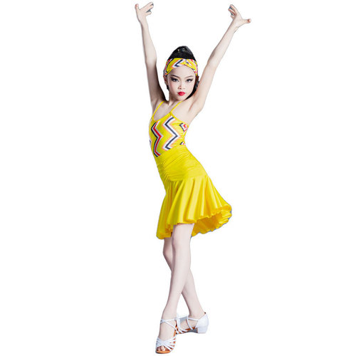 Yellow printed latin dance dress for girls kids acrobatics show employs the spring/summer sling Latin dance skirt girl