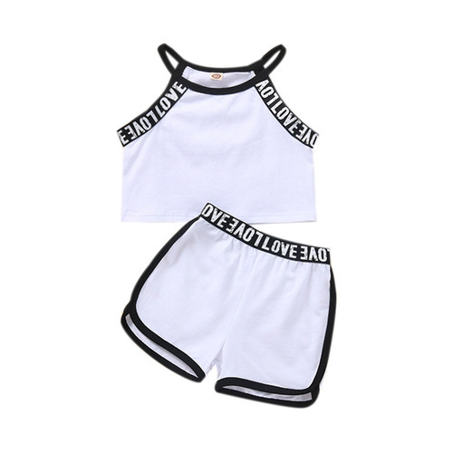 Girls' Han Version Sports Alphabet Strappy Tank Top and Shorts Set Children's Breathable Casual Solid Color Two-Piece Set