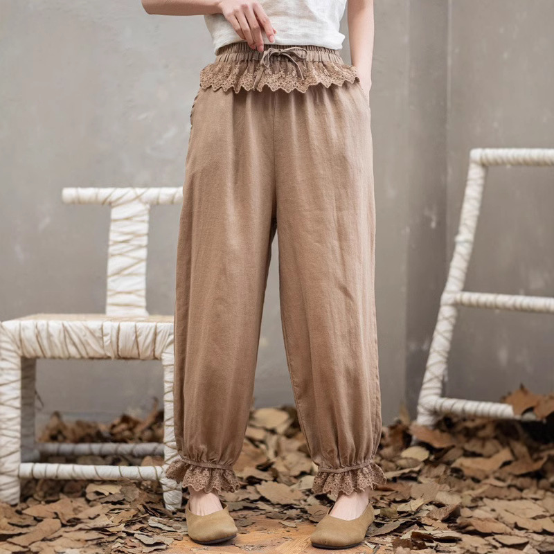 Japanese Style Small Fresh Style Loose Waist Lace Casual Pants Cotton and Linen Mori Women's Style Temperament Nose high quality Wrap-up Straight Leg Pants