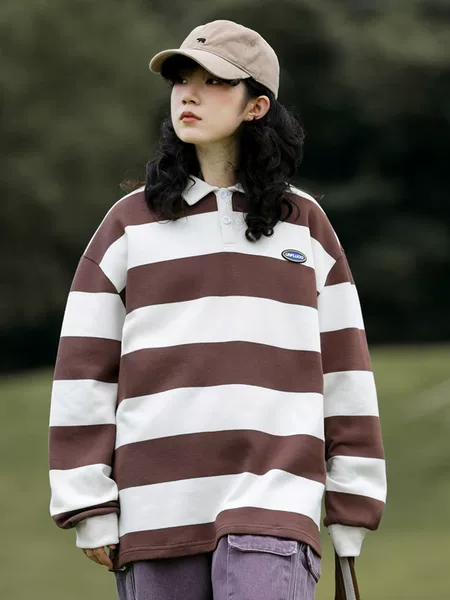 Spring and Autumn Striped Color-Block Collared Polo Shirt for Men and Women, Loose Casual Sports Long-Sleeve Top, Trendy Versatile Style