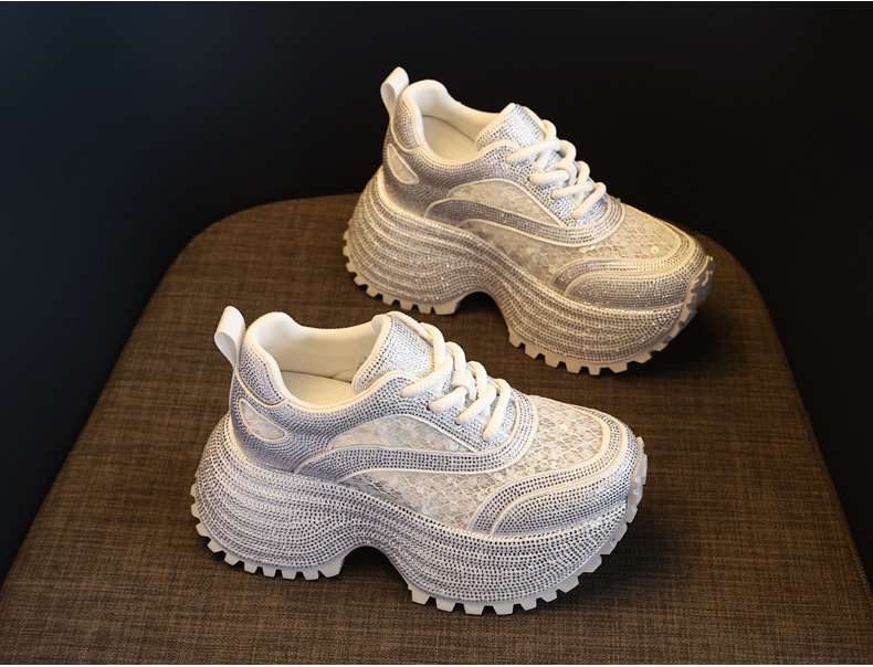 Giày sneaker nữ chunky đế dày lưới phối đá rhinestone — màu trắng chi tiết 5