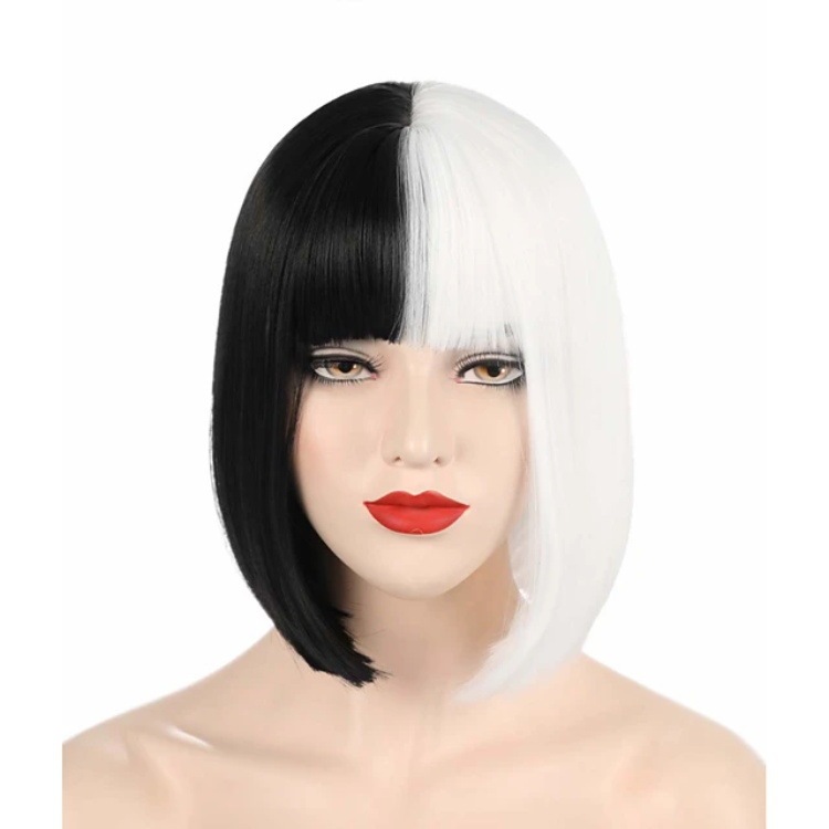 Black and White Witch Cruella Cos Wig Double Long Straight Short Curly Corn Perm Middle Part Water Ripple Halloween Wig Black and White Witch Cruella Cos Wig Double Long Straight Short Curly Corn Perm Middle Part Water Ripple Halloween Wig