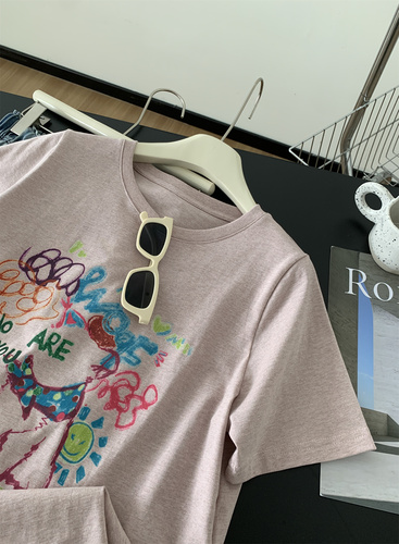 Designer Gray Pink Gingham Pure Cotton T-shirt for Women, Youthful Korean Style Loose Round Neck Color Point Cartoon Print Short Sleeve Top for Summer