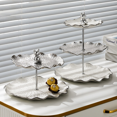 Small Bear Silver-Edge Silver Light Luxury Decor Fruit Plate Ceramic Multi-Layer String Plate Dessert Stand Cake Fruit Plate Home Living Room